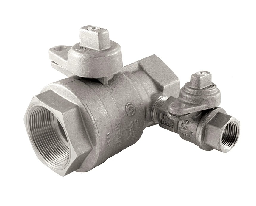 175-lwbp-c_t - Silver-colored metal valve with threaded ends, featuring a larger main body and a smaller side valve, designed for fluid control applications.