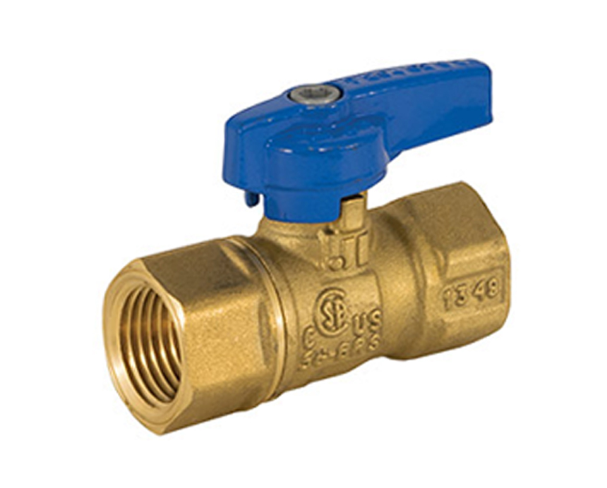 t-204_fip-fip_td - A brass ball valve with a blue handle, featuring a threaded connector on each end. The metal surface has engravings and appears sturdy and industrial.