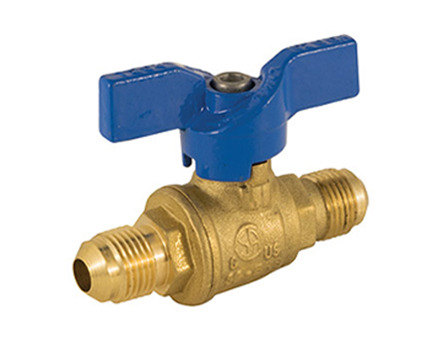 t-204_fl-fl - A blue-handled brass ball valve with threaded ends. The valve is positioned horizontally and designed for plumbing or gas applications.