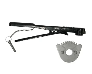 BFV-LEVER-HANDLE - Black metal tool with an attached chain and pin, alongside a separate, silver, semi-circular gear piece. The image conveys a mechanical, industrial tone.