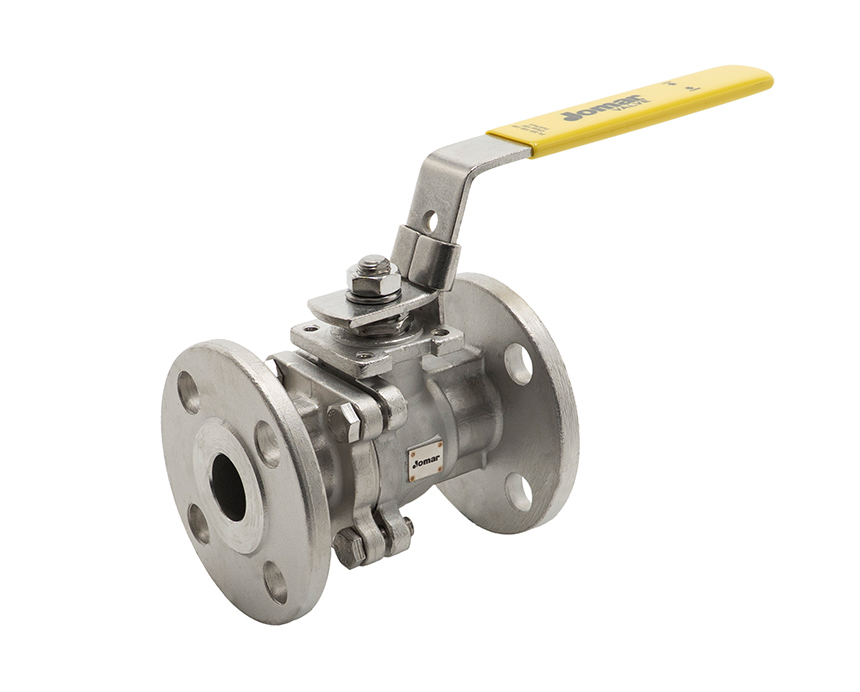 FL-SS-150-150 - A silver metal ball valve with a yellow handle is shown on a white background. The valve has flanged ends and a robust, industrial design.