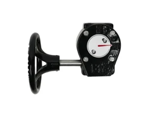 Butterfly Valves - The image shows a black manual valve with a circular handwheel and a small gauge indicating its position. The design is industrial and functional.