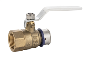 PEX x FIP - A brass ball valve with a white lever handle is shown on a white background. The valve is marked with "3/4”" and "200 WOG," indicating its size and pressure rating.