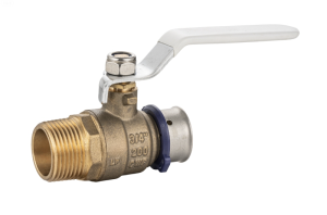PEX x MIP - A brass ball valve with a threaded connector on the left and a press fitting on the right. It features a white lever handle on top.