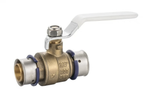 PEX x PEX - Brass ball valve with a white handle and metal fittings, designed for plumbing applications.