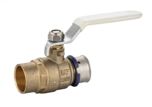 PEX x SWT - Brass ball valve with a white handle and metal fittings, designed for plumbing applications.