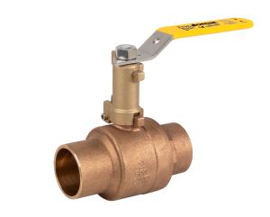 S-200CSS-EH - Bronze ball valve with a yellow lever handle. The valve has a threaded connection, designed for controlling fluid flow. The handle is in an open position.