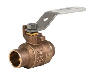 S-200CSSG - Copper ball valve with a silver metal lever handle, labeled "3/4 600 WGP." The valve is shown against a plain white background.
