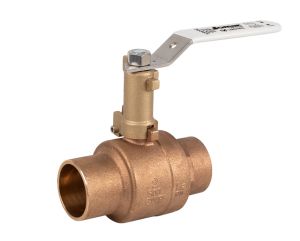 S-200CSSG-EH - Bronze ball valve with a white handle. The valve has a smooth, rounded body and two open pipe ends, used for controlling water flow.