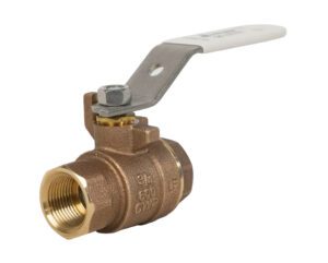 T-200CSSG - A bronze ball valve with a white lever handle is shown against a plain background. The valve’s threading is visible, indicating it is ready for installation.