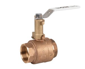 T-200CSSG-EH - A brass ball valve with a white lever handle, showcasing threaded ends for pipe connections. The valve is set against a plain white background.