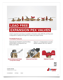Promotional flyer for lead-free expansion PEX valves featuring detailed images of valves, key features, and company branding. The design emphasizes innovation and quality with an industrial tone.