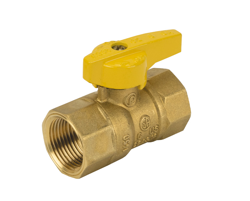 t-205-teardrop - A brass ball valve with a yellow lever handle positioned diagonally. The valve has threaded ends for connecting pipes, indicating its use in plumbing.