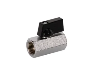 t-84-m_fipxfip-1 Valve - Close-up image of a small metal ball valve with a textured silver body and a black rectangular handle, used for controlling fluid flow in pipes.