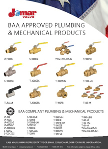 BAA Approved Plumbing & Mechanical Valves - displaying various BAA-compliant plumbing products, including brass valves with colored handles, under an American flag